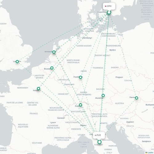 Mapa lotu bezpośredniego Kopenhaga – Florencja