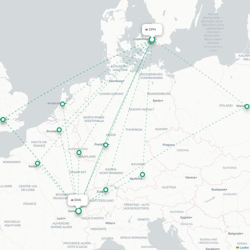 Mapa de vuelo directo Copenhague - Ginebra