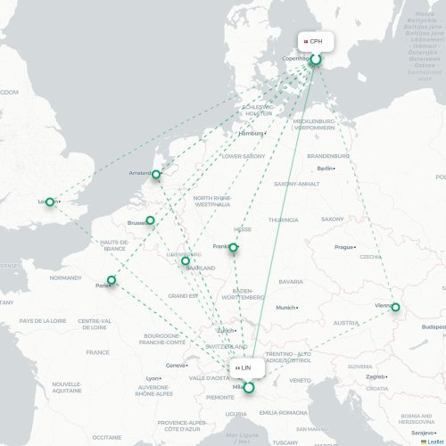 Mapa lotu bezpośredniego Kopenhaga – Mediolan