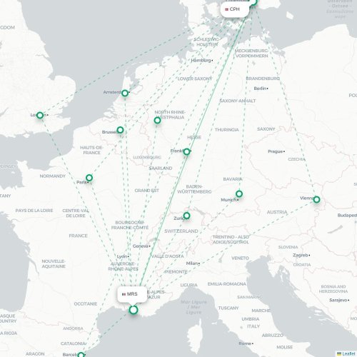 Mapa de vuelo directo Copenhague - Marsella