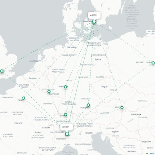 Mapa lotu bezpośredniego Kopenhaga – Mediolan