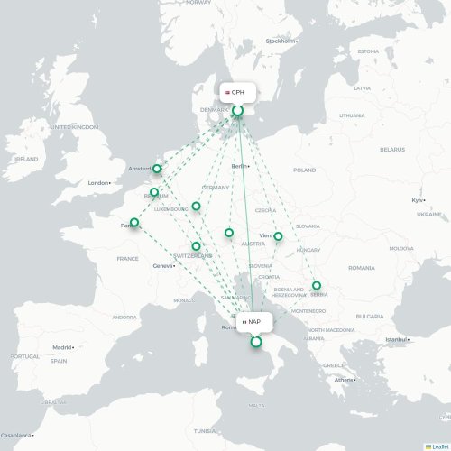 Mapa lotu bezpośredniego Kopenhaga – Neapol