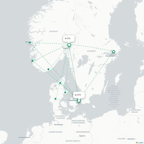 Mapa de vuelo directo Copenhague - Oslo