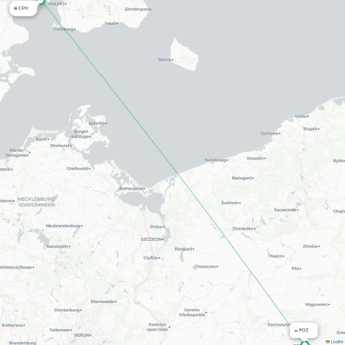 Mapa lotu bezpośredniego Kopenhaga – Poznań