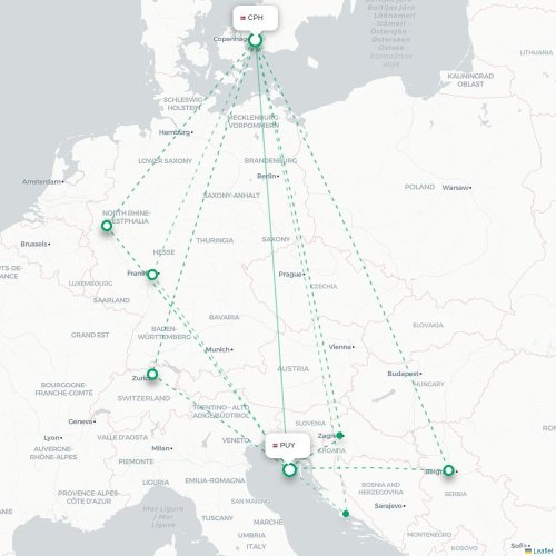 Mapa lotu bezpośredniego Kopenhaga – Pula