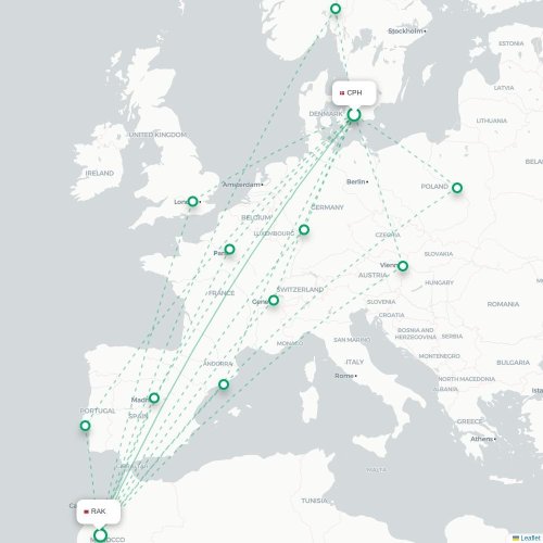 Mapa lotu bezpośredniego Kopenhaga – Marrakesz