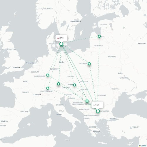 Mapa lotu bezpośredniego Kopenhaga – Sofia