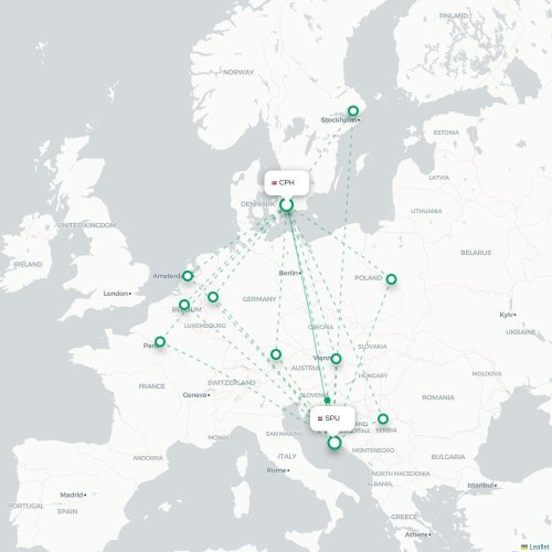Mapa de vuelo directo Copenhague - Split