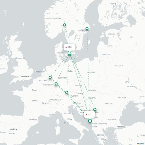 Mapa de vuelo directo Copenhague - Tivat