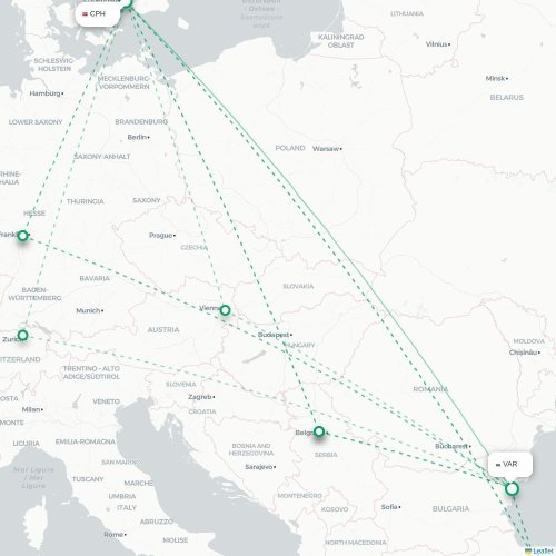 Mapa lotu bezpośredniego Kopenhaga – Warna