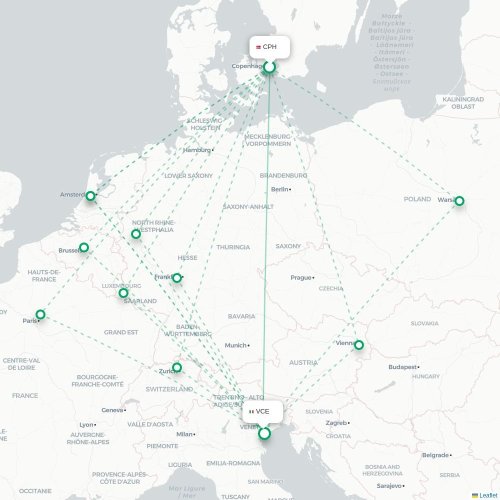 Mapa lotu bezpośredniego Kopenhaga – Wenecja