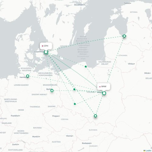 Mapa lotu bezpośredniego Kopenhaga – Warszawa