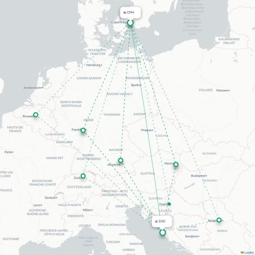 Mapa de vuelo directo Copenhague - Zadar