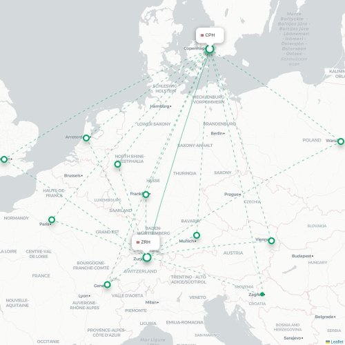 Mapa de vuelo directo Copenhague - Zúrich