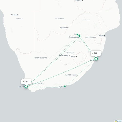 Kapkaupunki - Durban direct flight map