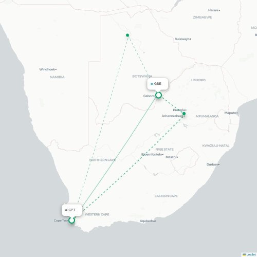 Kaapstad - Gaborone kaart van rechtstreekse vlucht