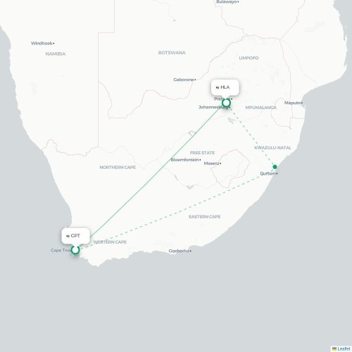 Cape Town - Johannesburg karta över direktflyg