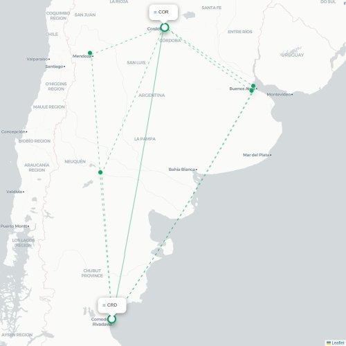 Mapa lotu bezpośredniego Comodoro Rivadavia – Kordoba