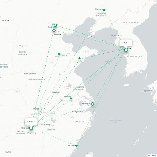 Mapa de vuelo directo Changsha - Incheon