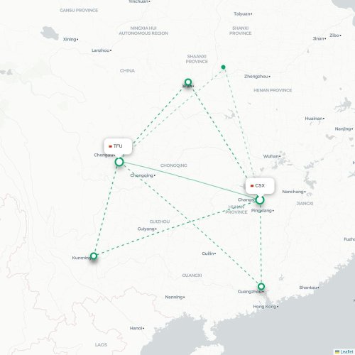 Mapa lotu bezpośredniego Changsha – Chengdu