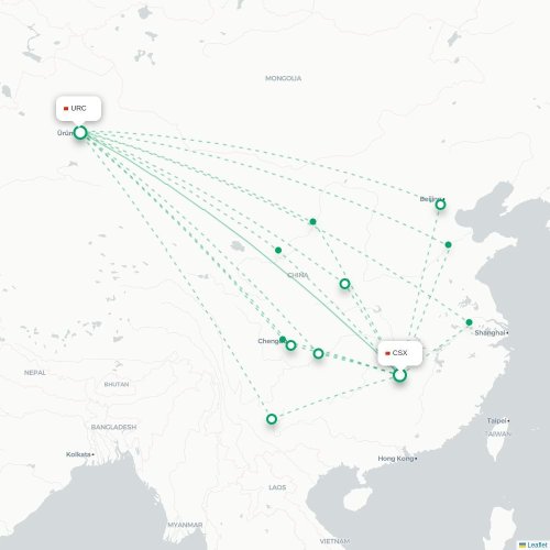 Mapa lotu bezpośredniego Changsha – Urumczi