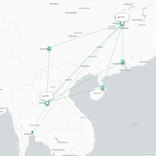 Mapa lotu bezpośredniego Changsha – Wientian