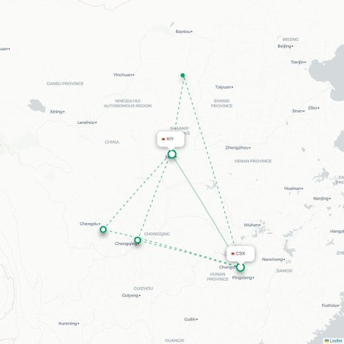 Mapa lotu bezpośredniego Changsha – Xi'an