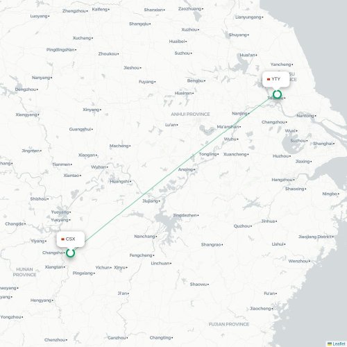 Mapa lotu bezpośredniego Changsha – Yangzhou