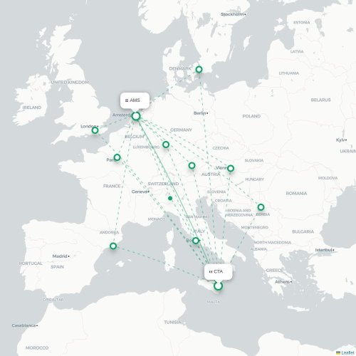 Mapa de vuelo directo Catania - Ámsterdam