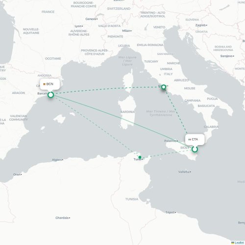 Catania - Barcelona kort over direkte fly