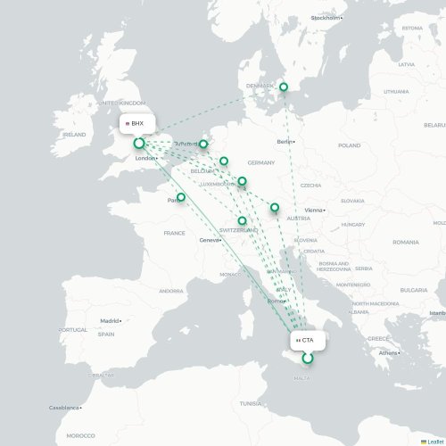 Mapa de vuelo directo Catania - Birmingham