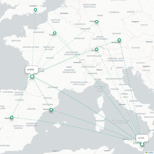Catania - Bordeaux karta över direktflyg