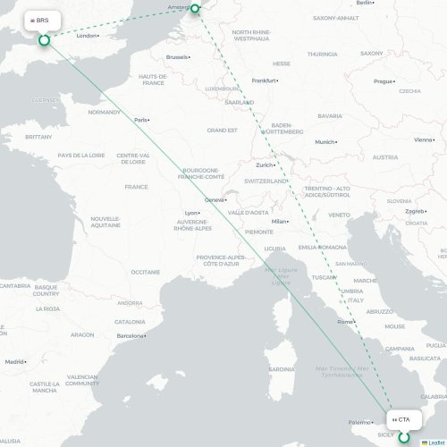 Mapa de vuelo directo Catania - Brístol