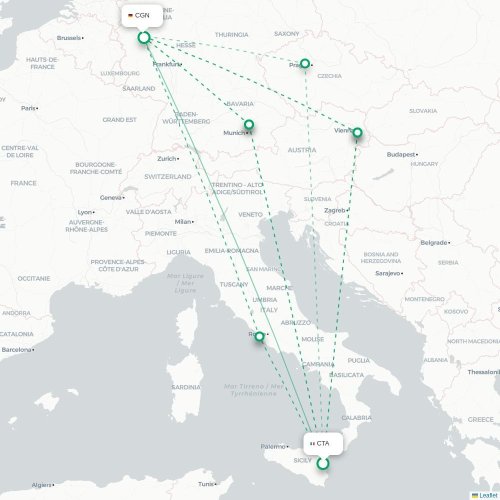 Catania - Keulen kaart van rechtstreekse vlucht