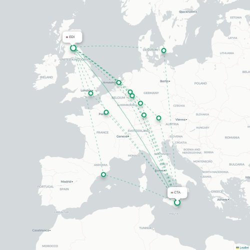 Mapa de vuelo directo Catania - Edimburgo