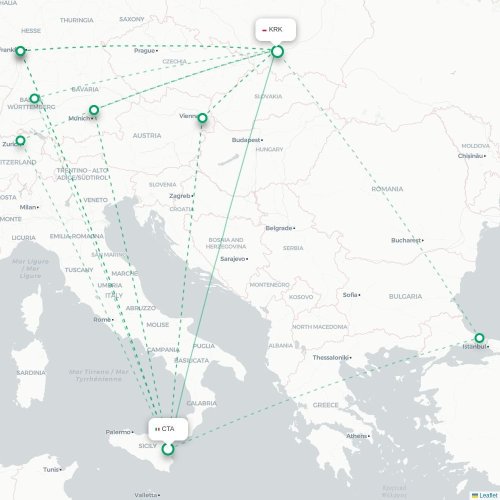Mapa lotu bezpośredniego Katania – Kraków