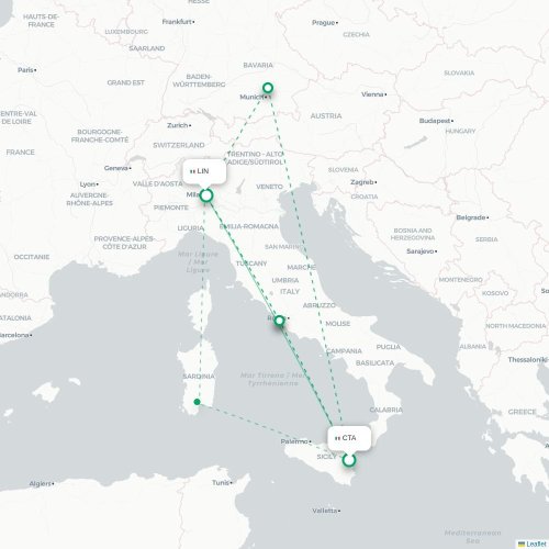 Catania - Milano karta över direktflyg
