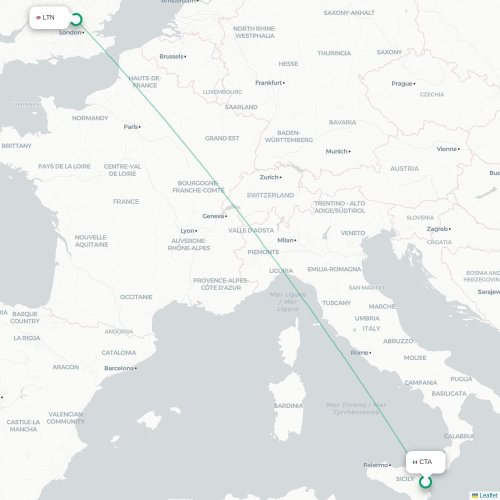 Mapa de vuelo directo Catania - Londres