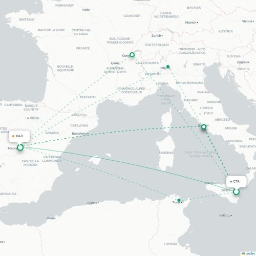 Catania - Madrid kort over direkte fly