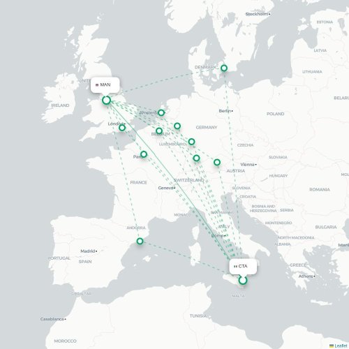 Mapa de vuelo directo Catania - Mánchester