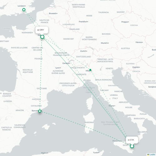 Catania - Paris karta över direktflyg