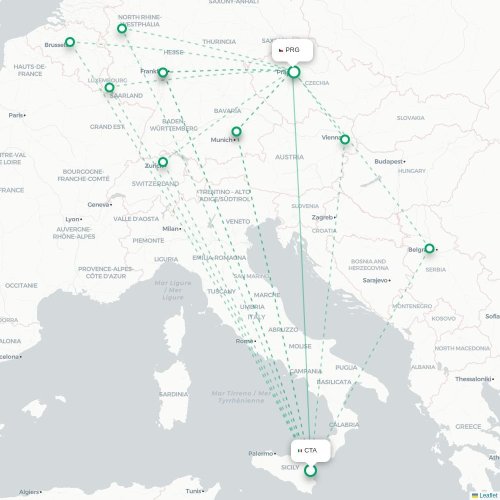 Mapa lotu bezpośredniego Katania – Praga