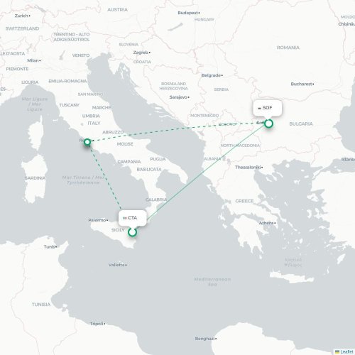 Mapa lotu bezpośredniego Katania – Sofia