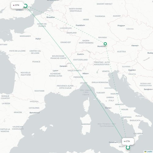 Mapa de vuelo directo Catania - Londres