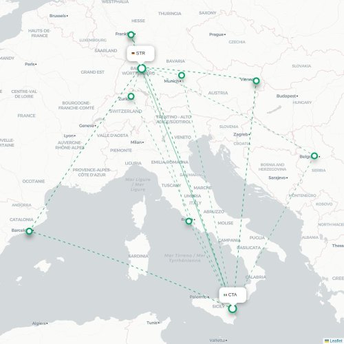 Catania - Stuttgart direct flight map