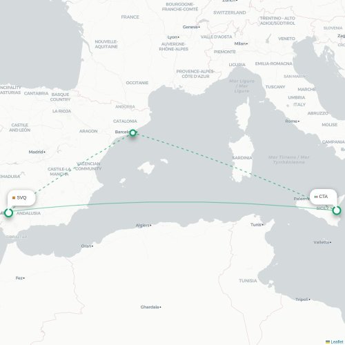 Catania - Sevilla kort over direkte fly