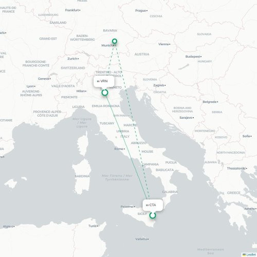 Mapa lotu bezpośredniego Katania – Werona