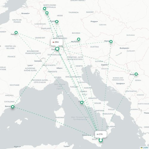 Catania - Zurich karta över direktflyg