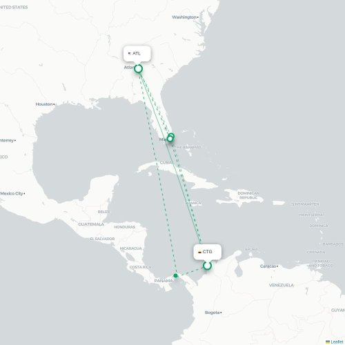 Mapa de vuelo directo Cartagena de Indias - Atlanta
