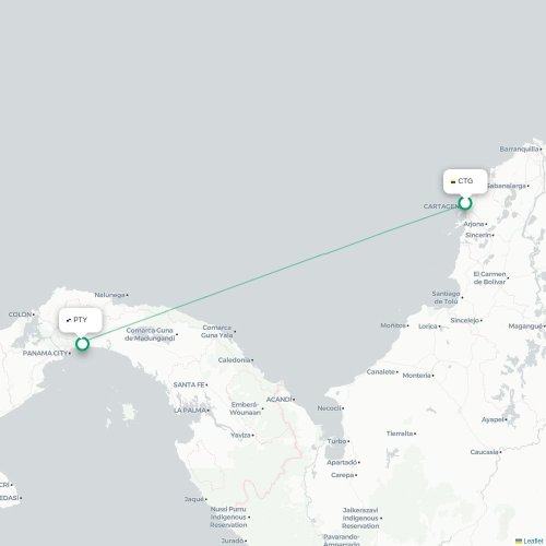 Mapa de vuelo directo Cartagena de Indias - Ciudad de Panamá